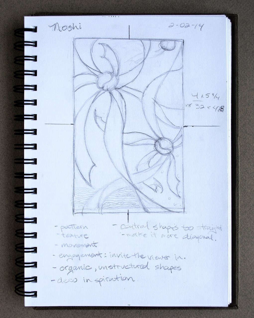 April Sproule, Noshi Production Sketch, 2014. 20cm x 25cm (8” x 10”). Production drawing to scale. Sketchbook.